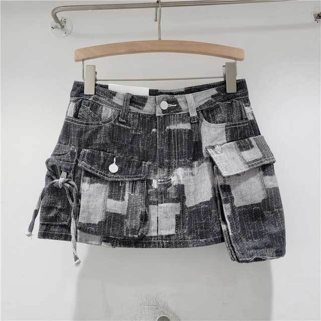 Color Block Denim Cargo Skirt