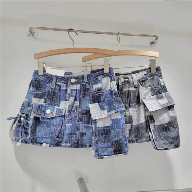 Color Block Denim Cargo Skirt