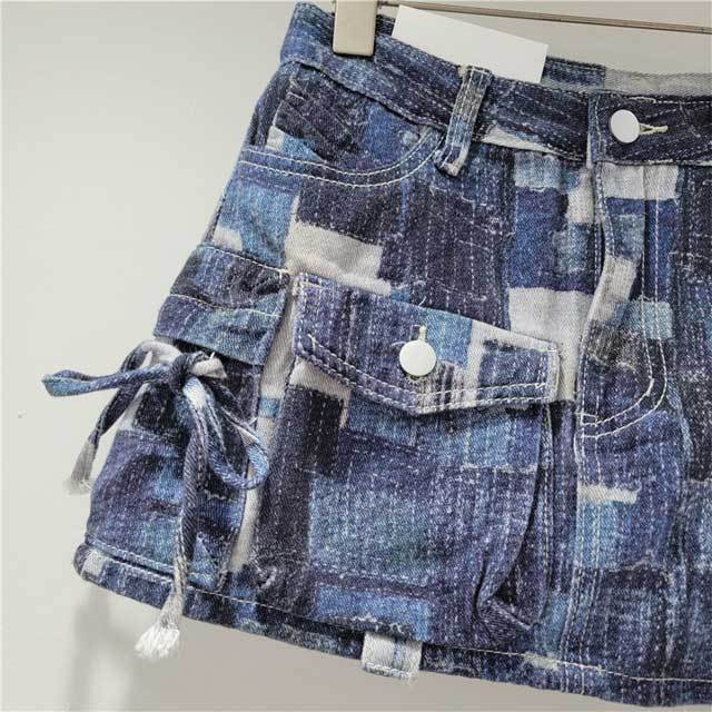 Color Block Denim Cargo Skirt