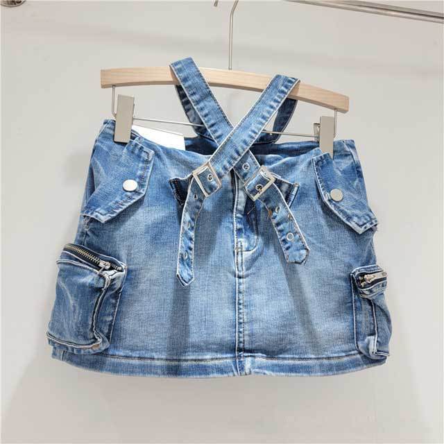 Buckle Strap High Waist Denim Cargo Skirt