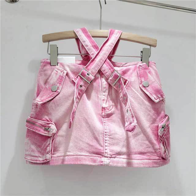 Buckle Strap High Waist Denim Cargo Skirt