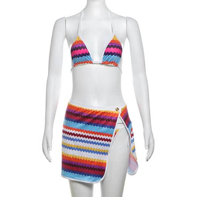 Colorful Striped 3 Piece Bikini Set