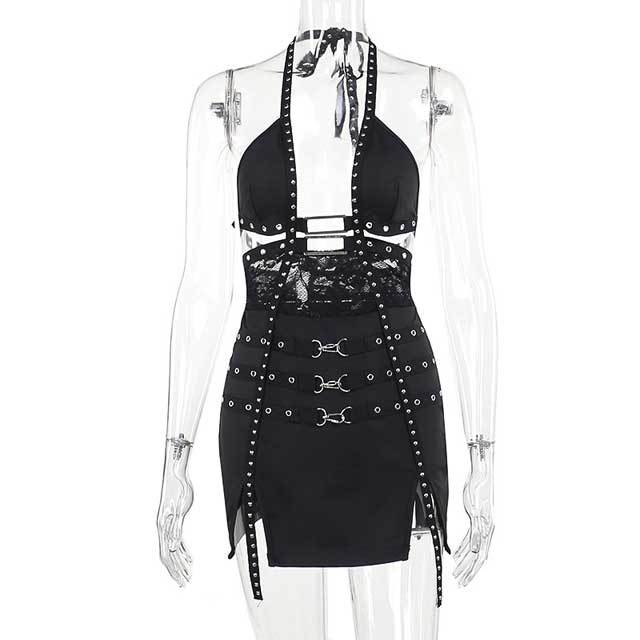 Rivets Hollow Out Halter Dress