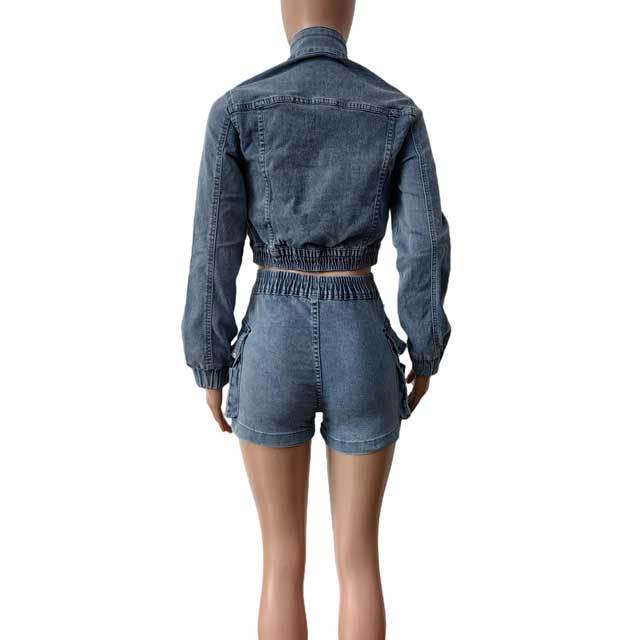 Denim Button Jacket Top Cargo Short Set