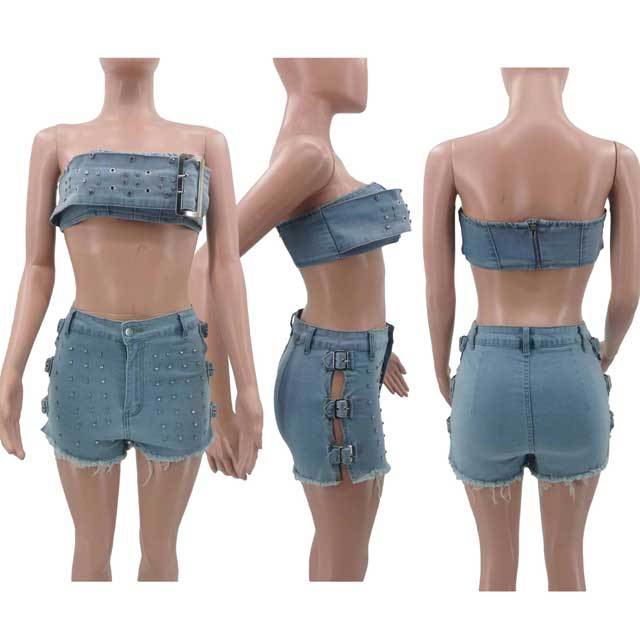 Rhinestones Denim Tube Top Hollow Out Shorts Set