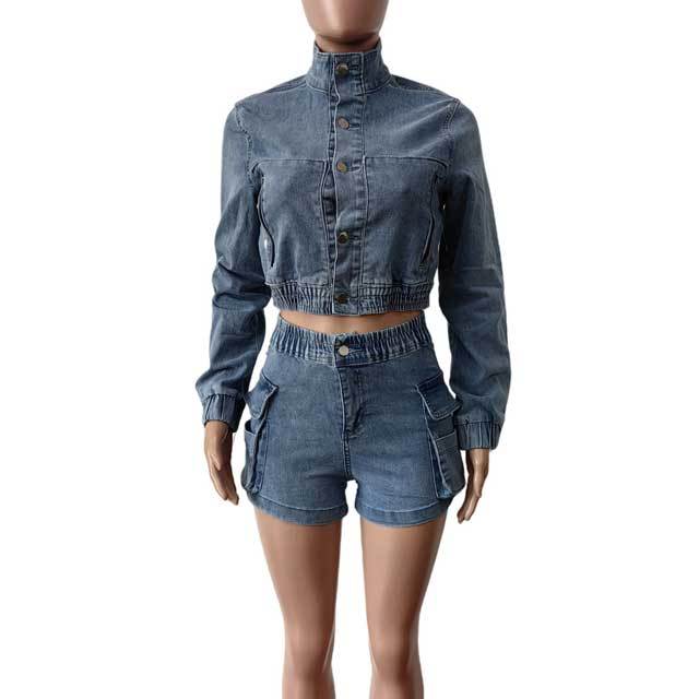 Denim Button Jacket Top Cargo Short Set