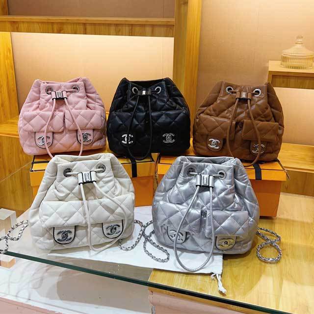 Metal Logo Drawstring Leather Backpack