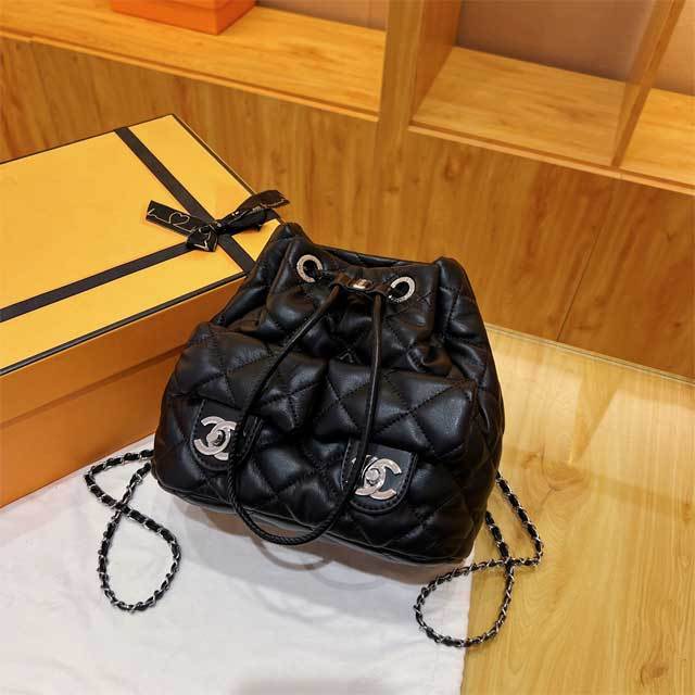 Metal Logo Drawstring Leather Backpack