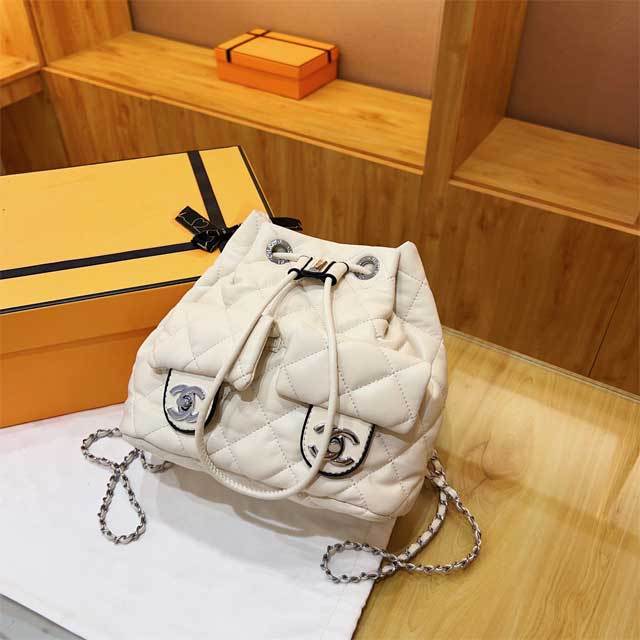 Metal Logo Drawstring Leather Backpack