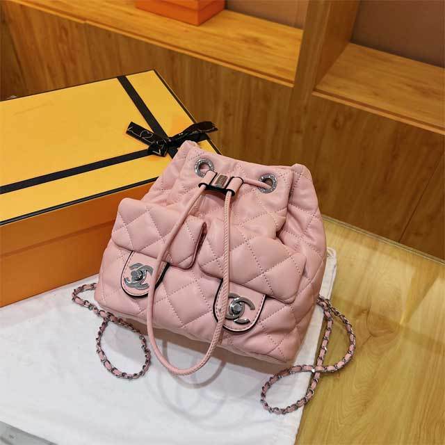 Metal Logo Drawstring Leather Backpack
