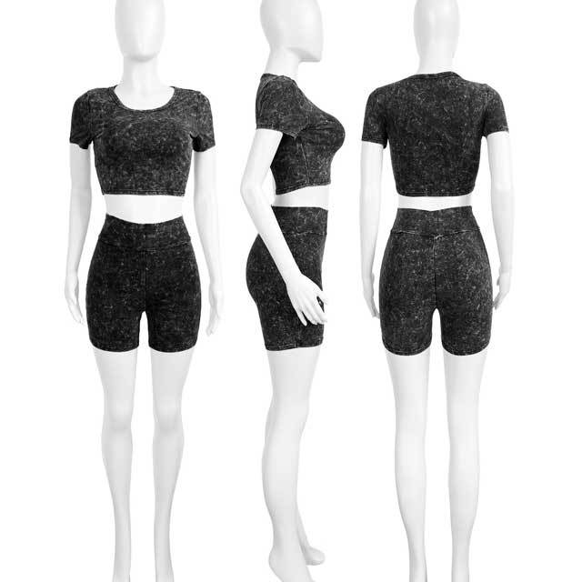 Washed Distressed High Waist Two Piece Set