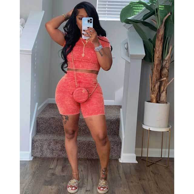 Washed Distressed High Waist Two Piece Set
