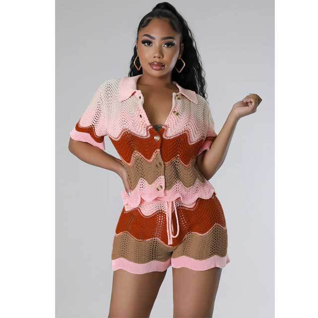 Knit Color Block Short Set