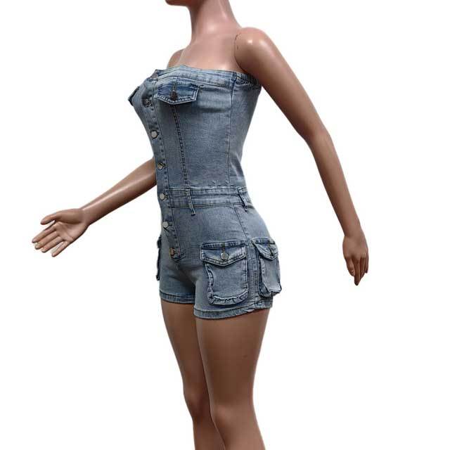 Denim Strapless Cargo Romper