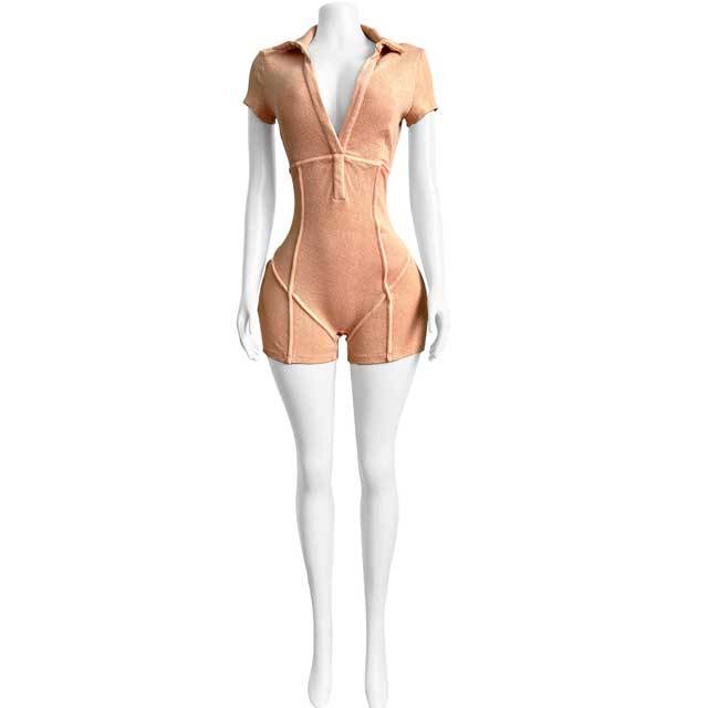 Washed Distressed Ribbed Polo Romper