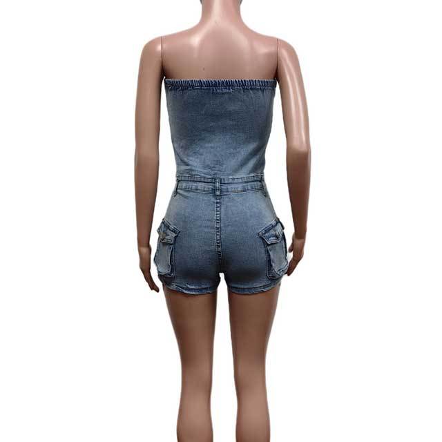 Denim Strapless Cargo Romper