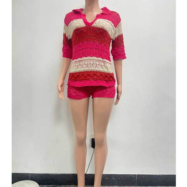 Knit Color Block Polo Top Short Set