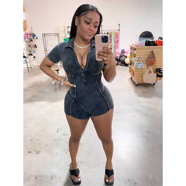 Washed Distressed Ribbed Polo Romper