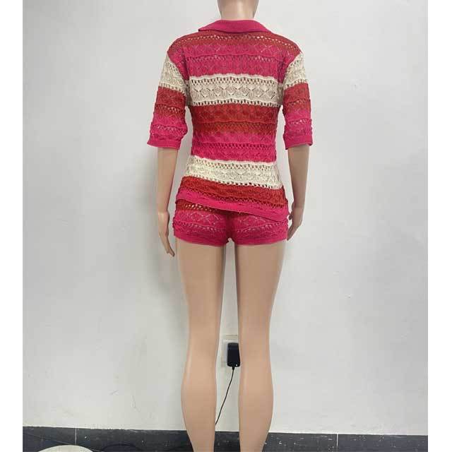 Knit Color Block Polo Top Short Set
