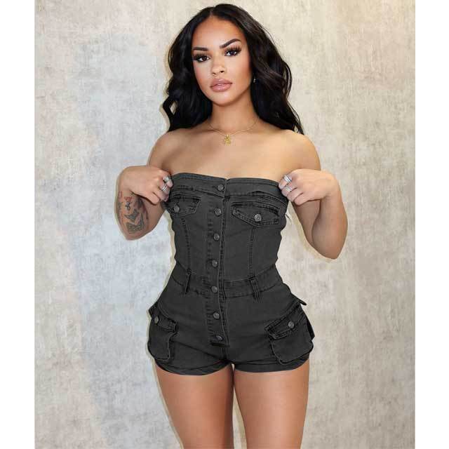 Denim Strapless Cargo Romper