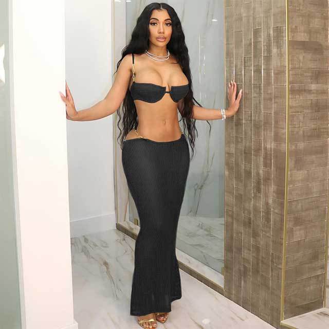 Mesh Hollow Out Maxi Skirt Set