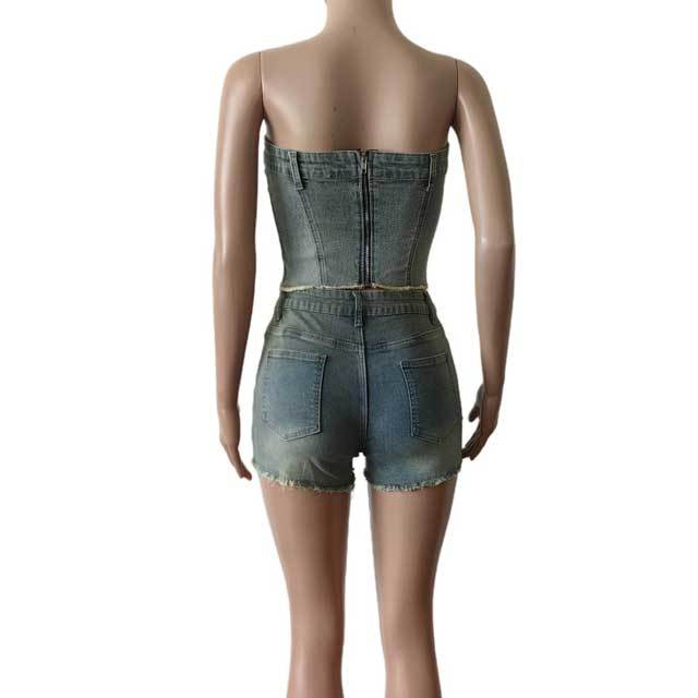 Denim Distressed Tube Top Short Set