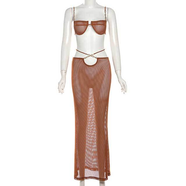 Mesh Hollow Out Maxi Skirt Set