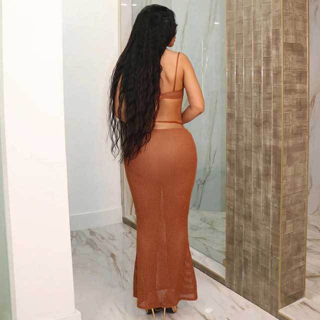 Mesh Hollow Out Maxi Skirt Set