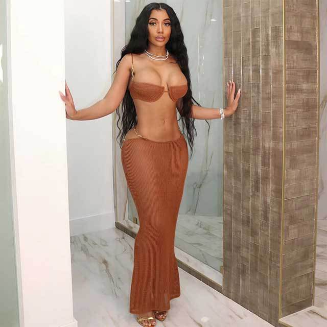Mesh Hollow Out Maxi Skirt Set