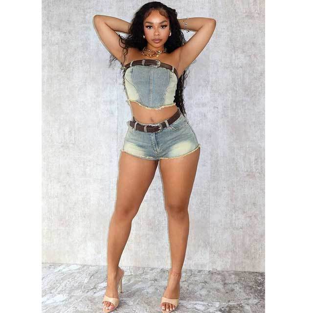 Denim Distressed Tube Top Short Set
