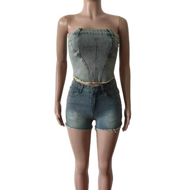 Denim Distressed Tube Top Short Set