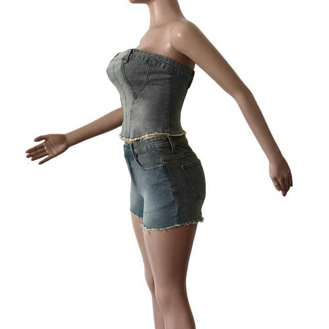 Denim Distressed Tube Top Short Set