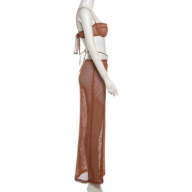 Mesh Hollow Out Maxi Skirt Set