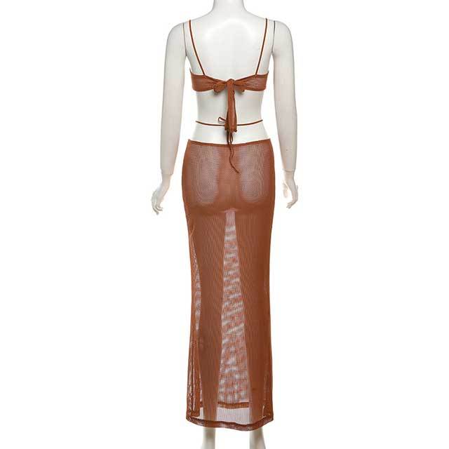 Mesh Hollow Out Maxi Skirt Set