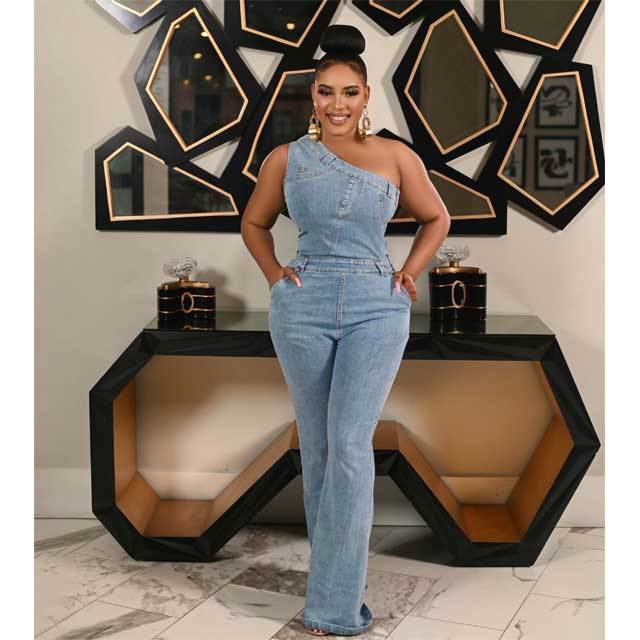 Denim Single Shoulder Bell Jumpsuit