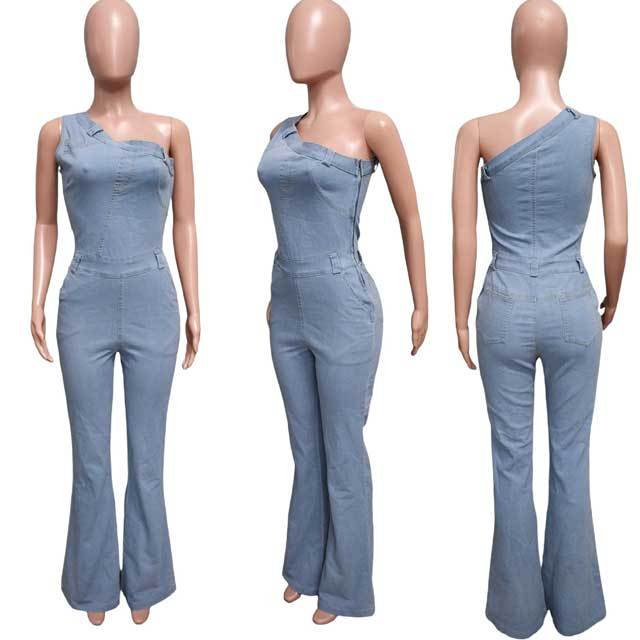 Denim Single Shoulder Bell Jumpsuit