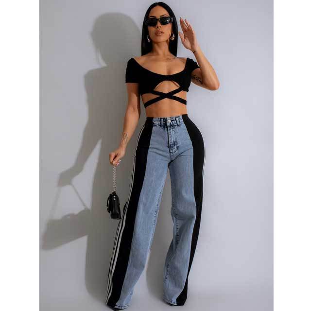 High Waist Striped Boyfriend Jeans