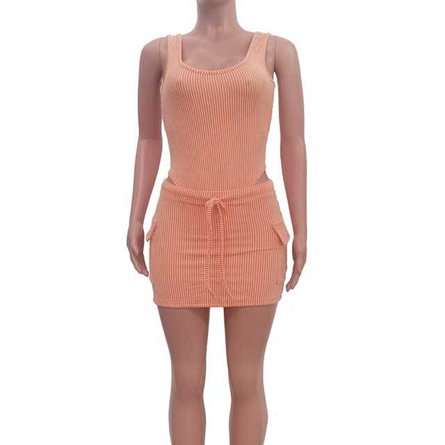 Jacquard Sleeveless Bodysuit Cargo Skirt Set