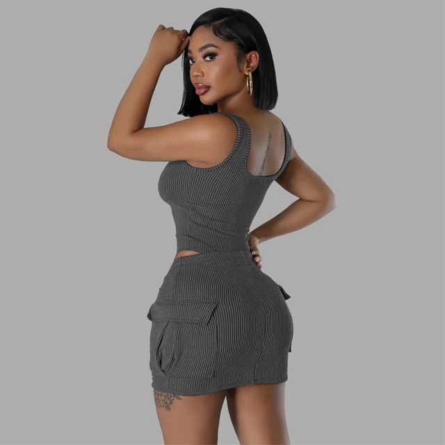 Jacquard Sleeveless Bodysuit Cargo Skirt Set