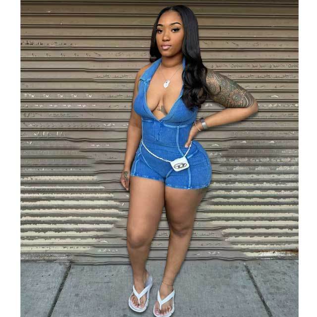 Washed Distressed Halter Romper