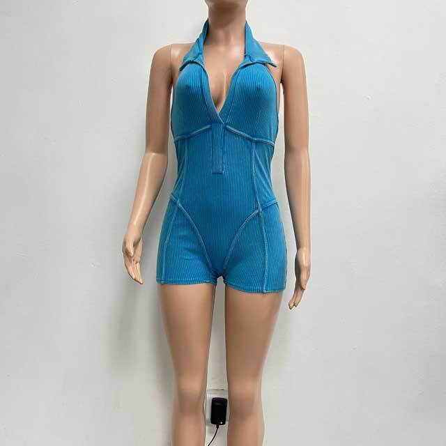 Washed Distressed Halter Romper