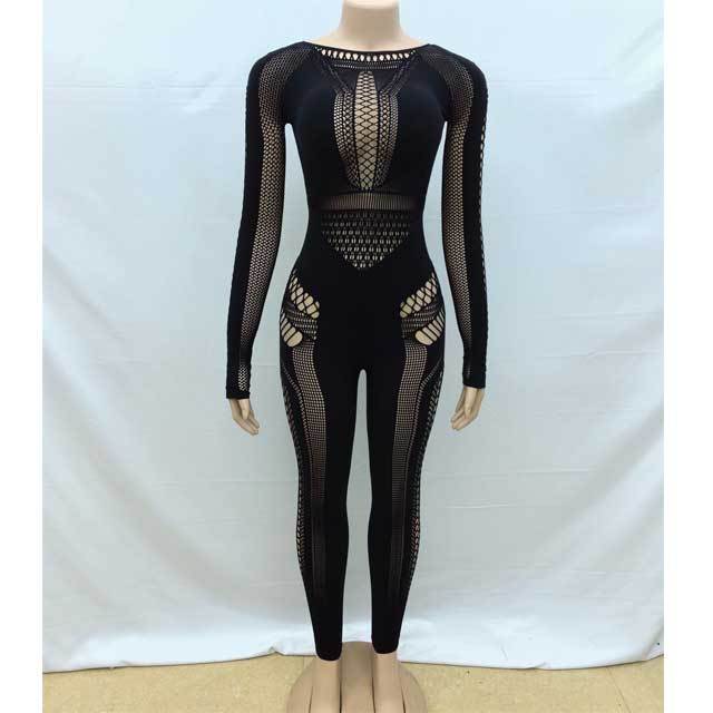 Knit Long Sleeve Hollow Out Lingerie Jumpsuit