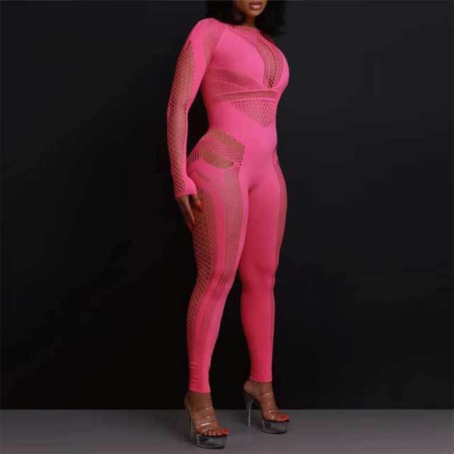 Knit Long Sleeve Hollow Out Lingerie Jumpsuit