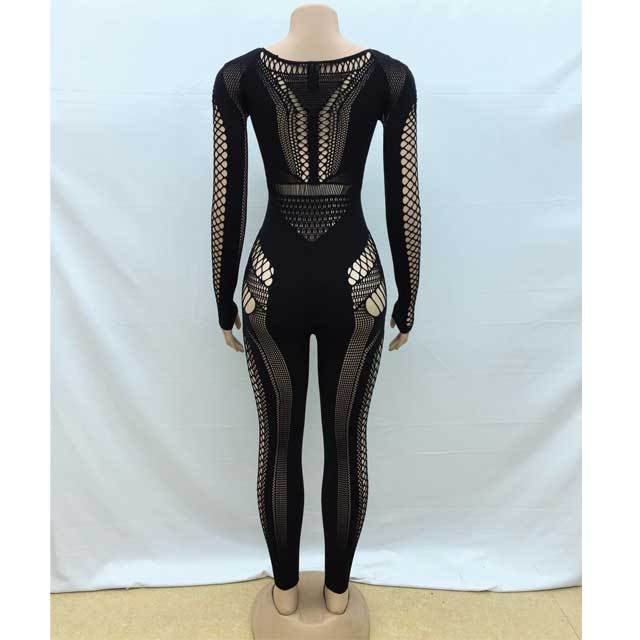 Knit Long Sleeve Hollow Out Lingerie Jumpsuit