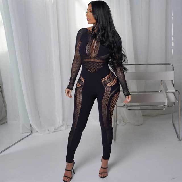 Knit Long Sleeve Hollow Out Lingerie Jumpsuit