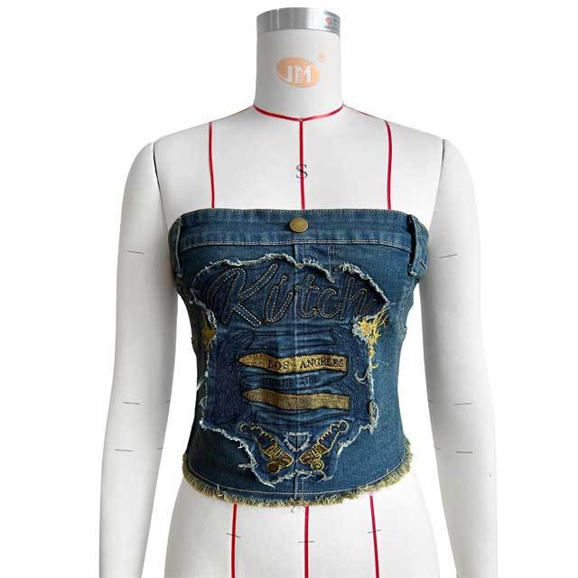 Embroidery Patchwork Denim Tube Top