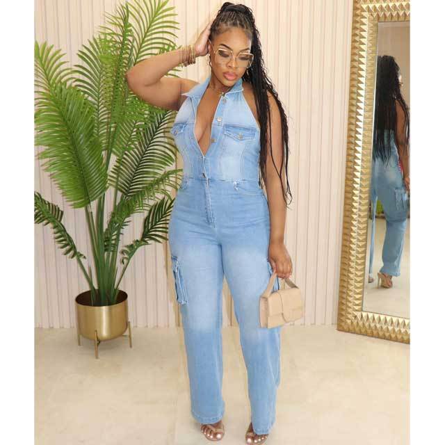 Denim Halter Cargo Jumpsuit