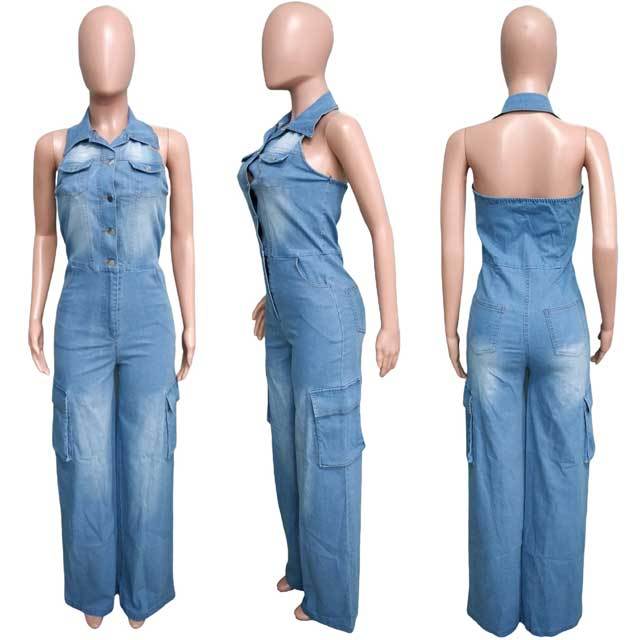 Denim Halter Cargo Jumpsuit