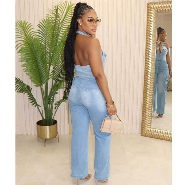 Denim Halter Cargo Jumpsuit