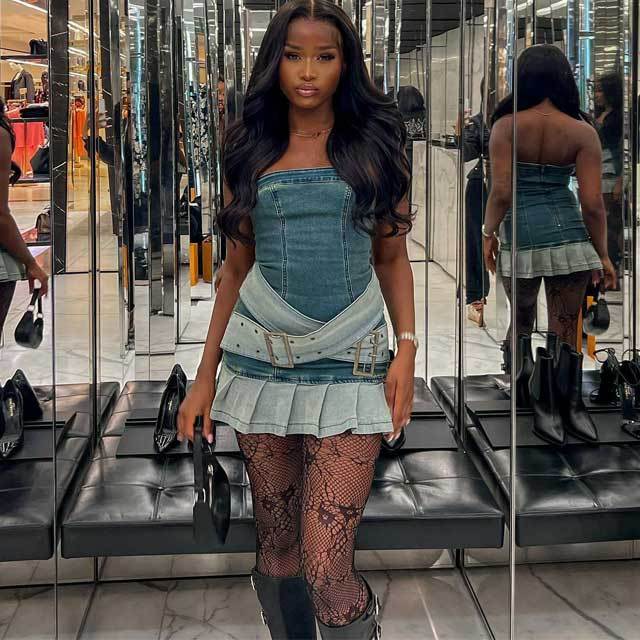 Buckle Strap Denim Strapless Pleated Dress
